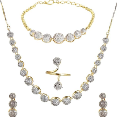 American Diamond Combo of Choker Necklace Set with Earrings, Bracelet and Ring for Girls and Women