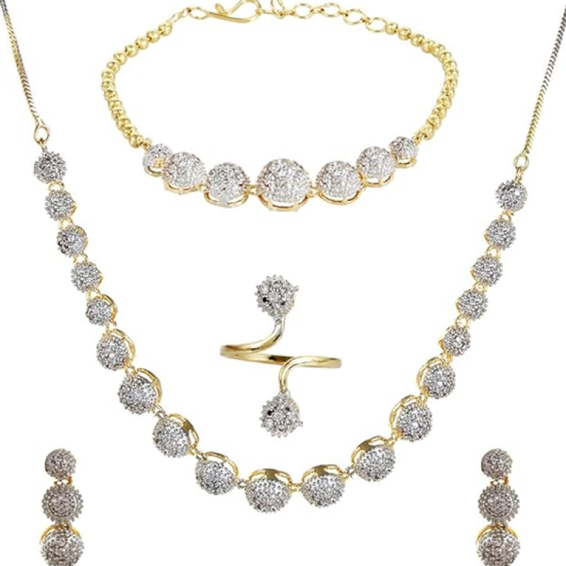 American Diamond Combo of Choker Necklace Set with Earrings, Bracelet and Ring for Girls and Women