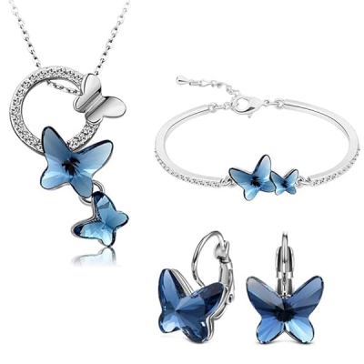 Platinum Plated Crystal Butterfly Earrings Chain Pendant Necklace Combo Jewellery Set