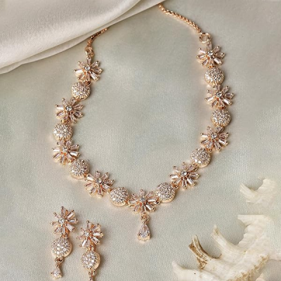 Rhodium Plated Silver Toned White American Diamond Studded Necklace With Earring Jewellery Set