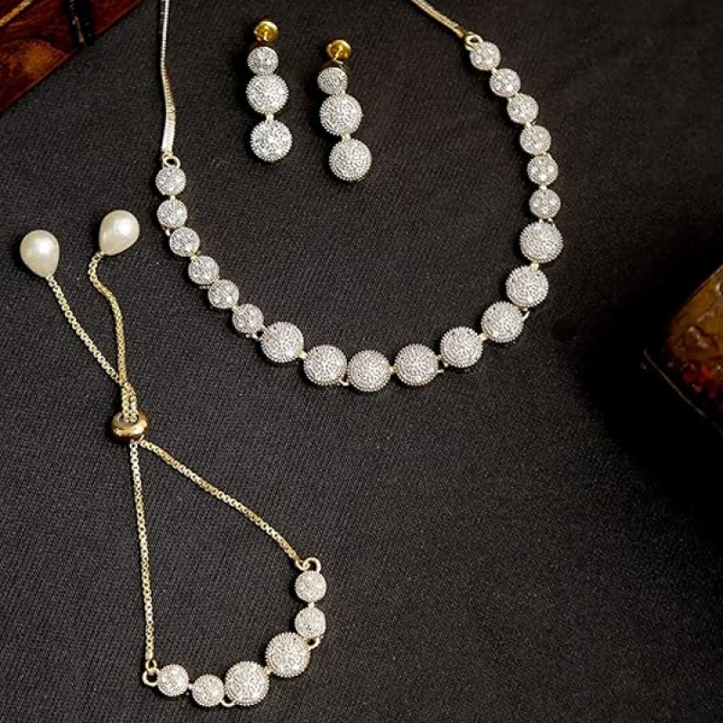 American Diamond Combo of Choker Necklace Set with Earrings, Bracelet and Ring for Girls and Women