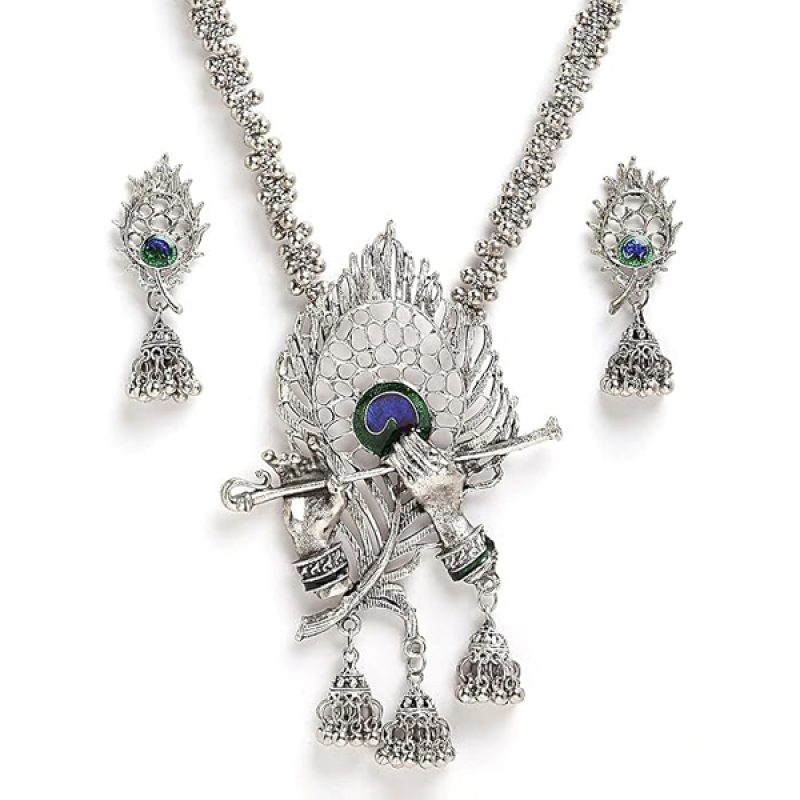 Fancy Traditional Oxidised Silver Necklace Jewellery Set for Women