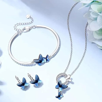Platinum Plated Crystal Butterfly Earrings Chain Pendant Necklace Combo Jewellery Set