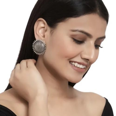 Traditional Oxidised Silver Floral Stud Earrings for Women