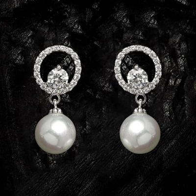 92.5 Sterling Silver Swiss Zirconia Pearl Earrings