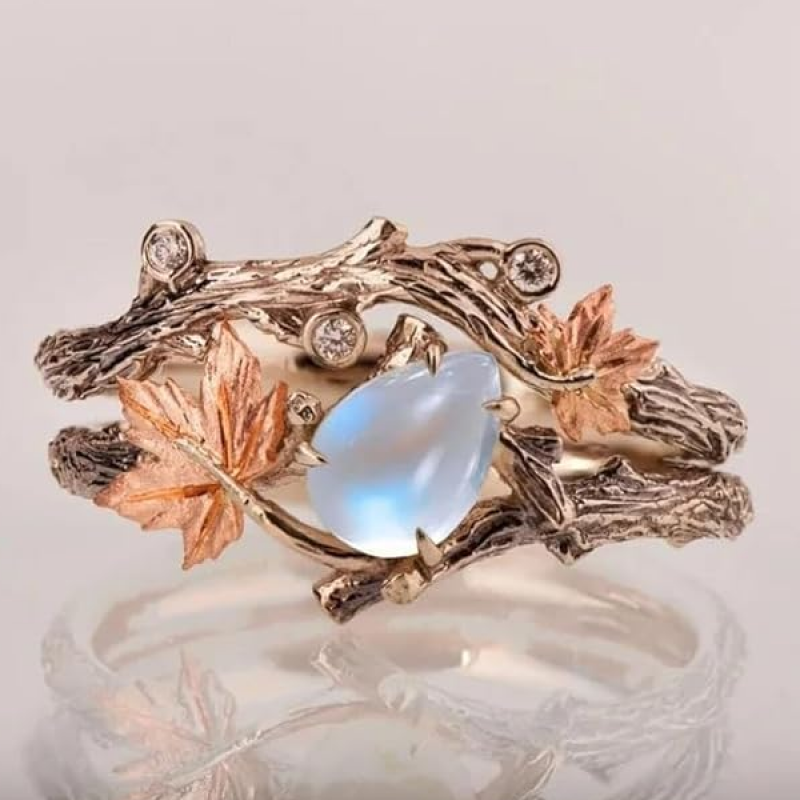 Antique Gold Maple Leaf Moonstone Ring Vintage Twig Design for Women Teardrop Crystal Stone