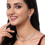 Rhodium Plated Silver Toned White American Diamond Studded Necklace With Earring Jewellery Set