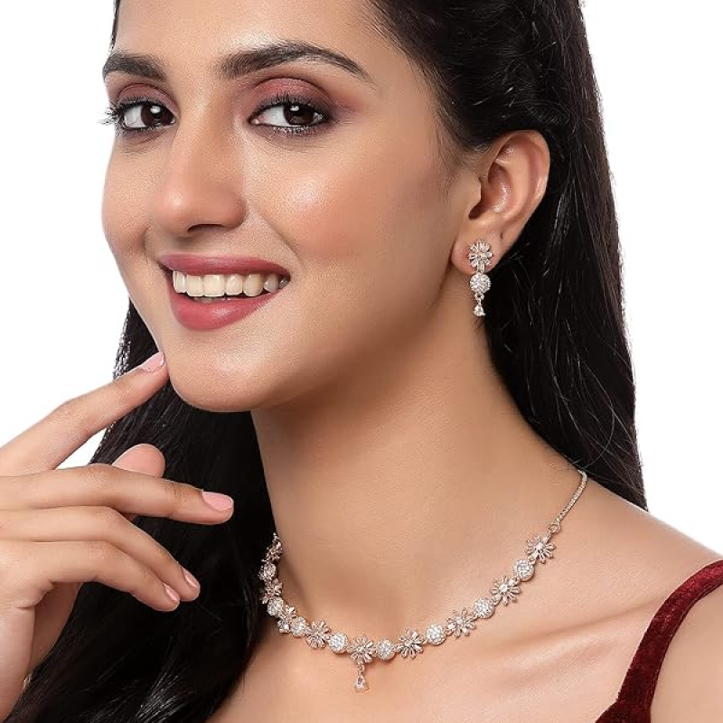 Rhodium Plated Silver Toned White American Diamond Studded Necklace With Earring Jewellery Set