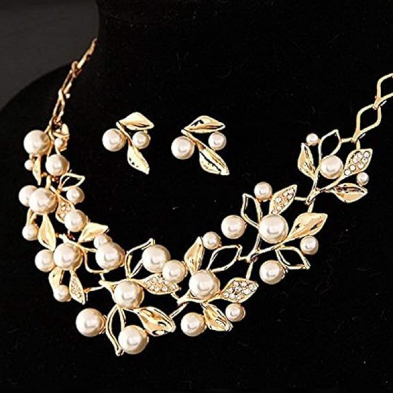 Latest Traditional Gold Plated Pearl Choker Jwell Necklace Jewellery Set with Earrings