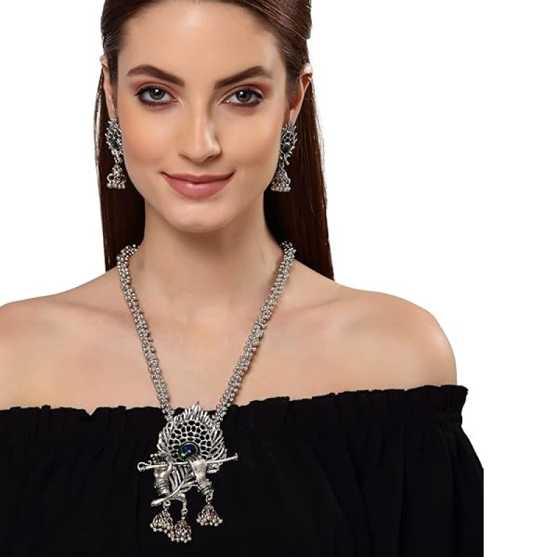 Fancy Traditional Oxidised Silver Necklace Jewellery Set for Women