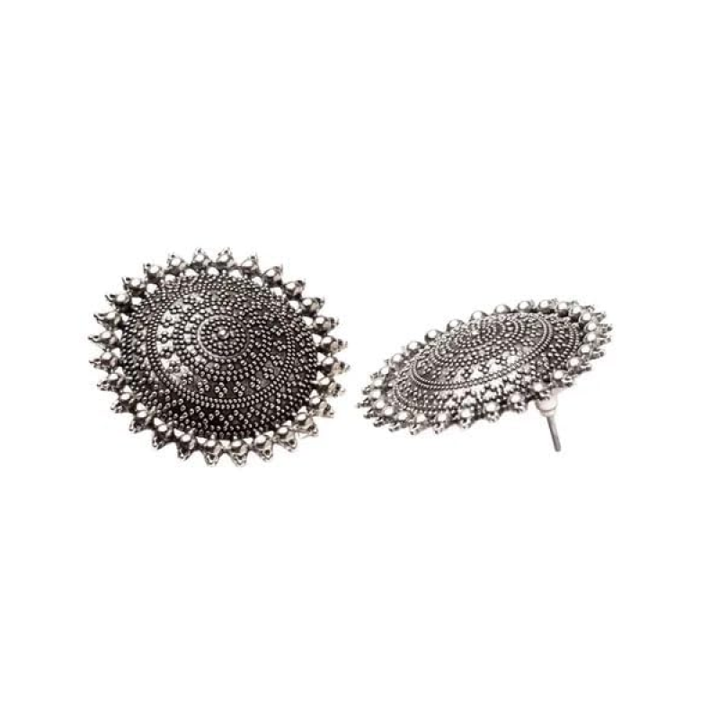 Traditional Oxidised Silver Floral Stud Earrings for Women