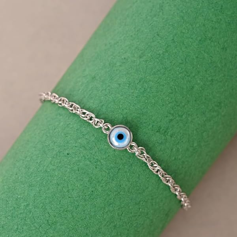 Silver Evil Eye Chain Bracelet, Adjustable, Anti Tarnish Gift for Women
