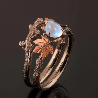 Antique Gold Maple Leaf Moonstone Ring Vintage Twig Design for Women Teardrop Crystal Stone