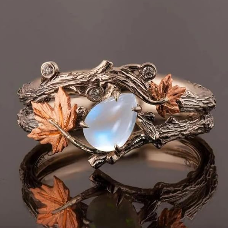 Antique Gold Maple Leaf Moonstone Ring Vintage Twig Design for Women Teardrop Crystal Stone